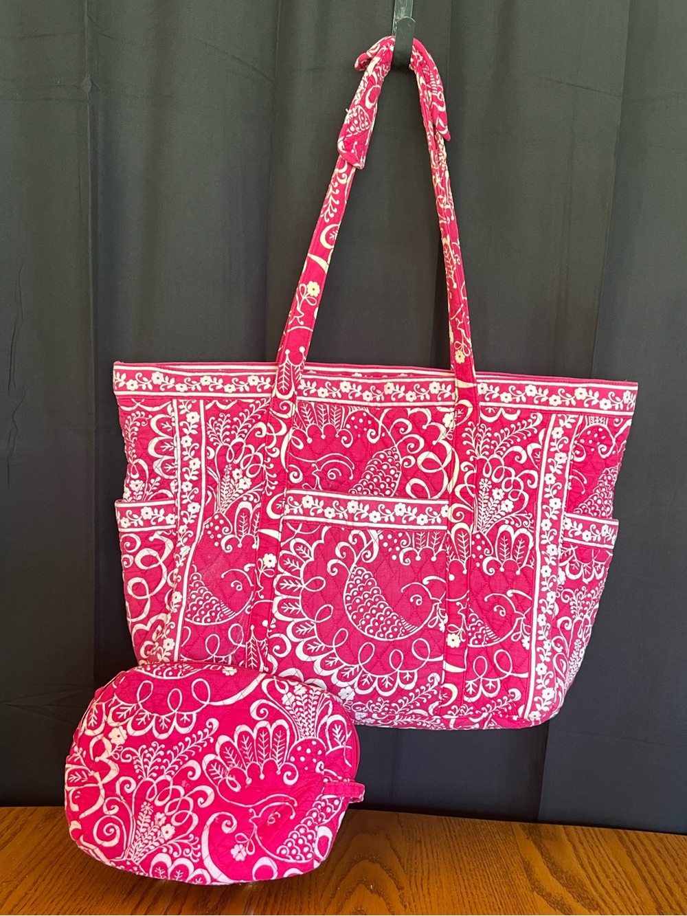 Vera Bradley Hot Pink Quilted Tote Bag with Matching Pouch
